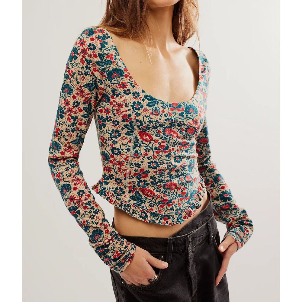 Free People Melanie Long Sleeve Floral Print Crop Top Cross Back Size Small